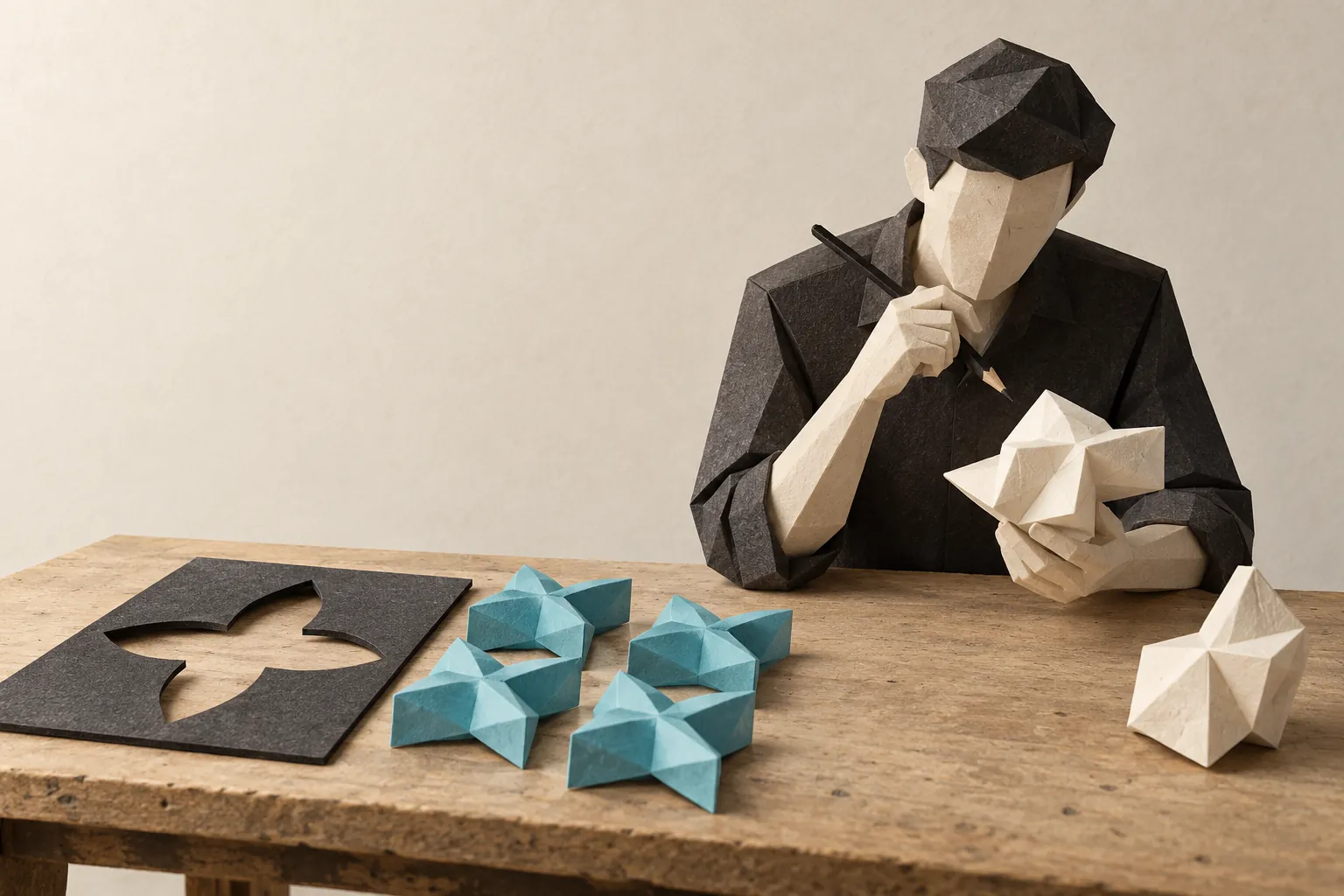Illustration: a paper craftsperson examines an irregular piece beside a reusable stencil and several matching pieces.