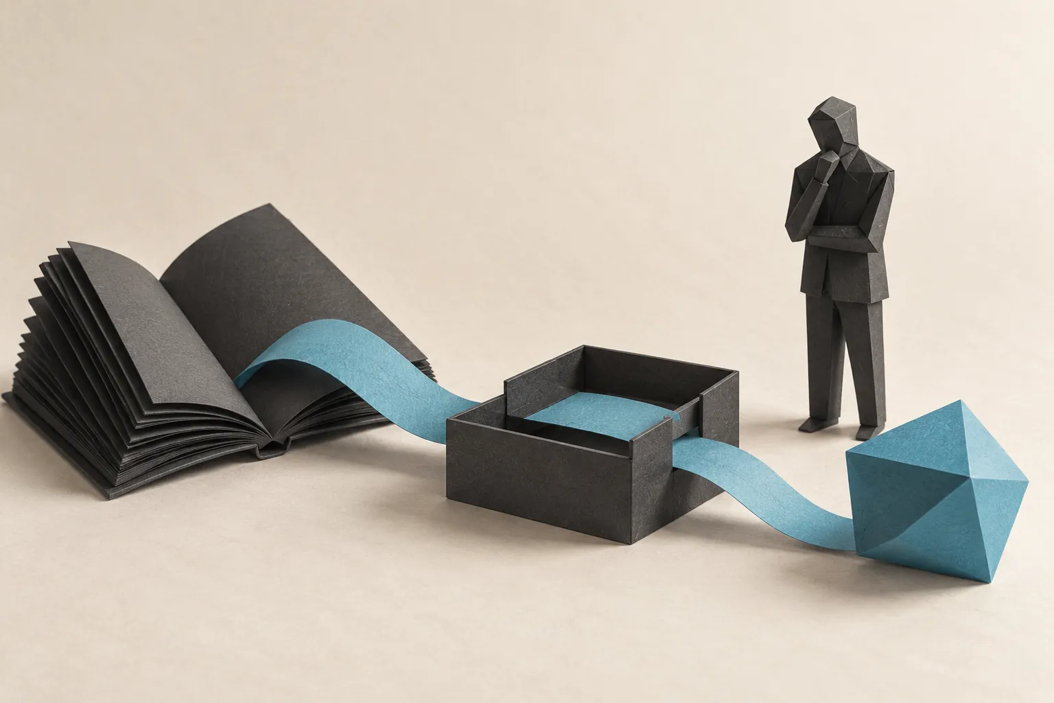 Illustration: an open paper book feeds a cyan strip through a work tray while a folded-paper figure considers the result.