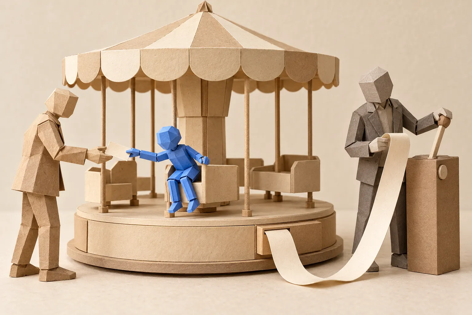 Illustration: paper illustration of a carousel with a blue rider and a person beside it holding a lever and a long paper strip.