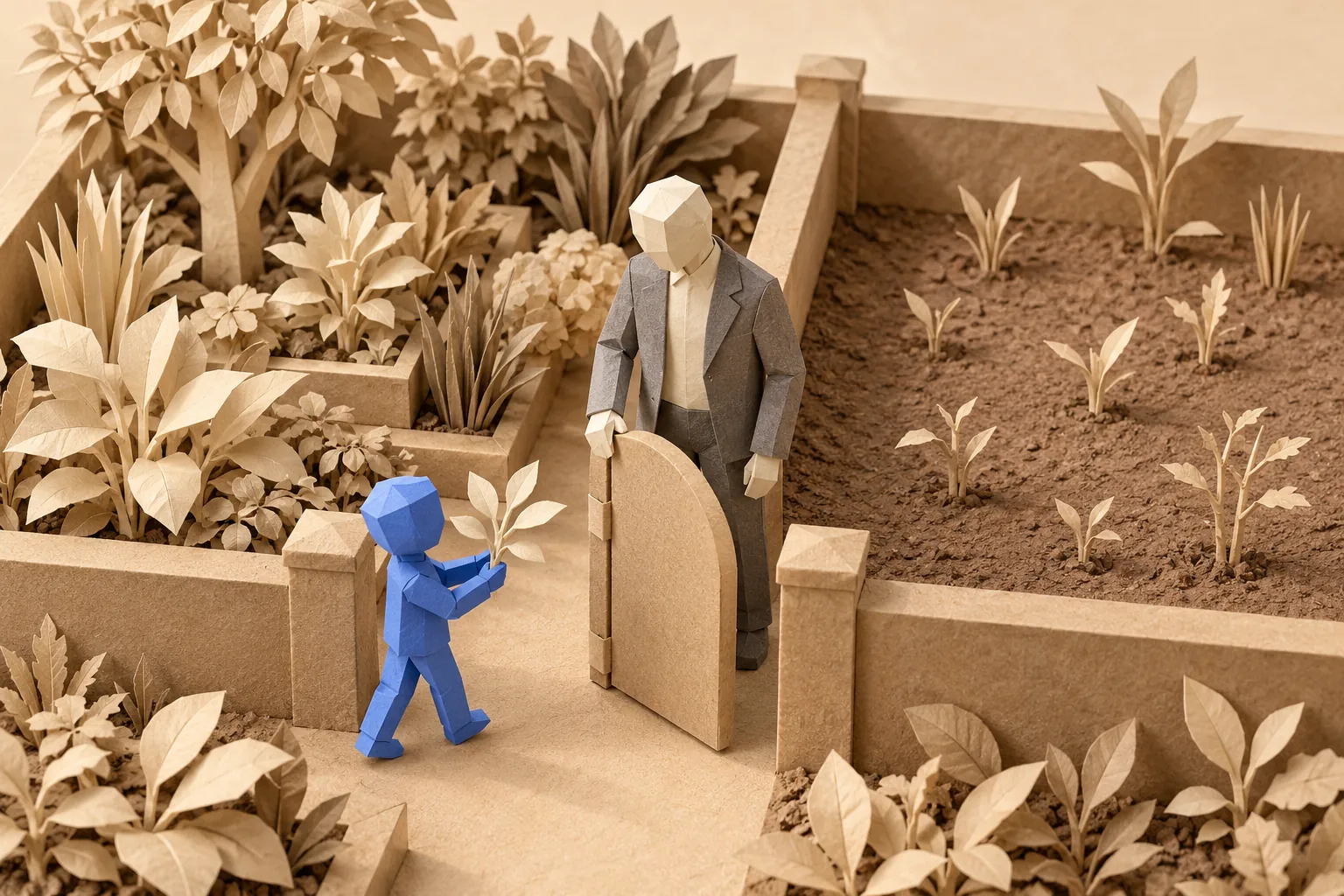 Illustration: paper illustration of a small blue figure carrying a cutting toward a garden gate held open by a person.