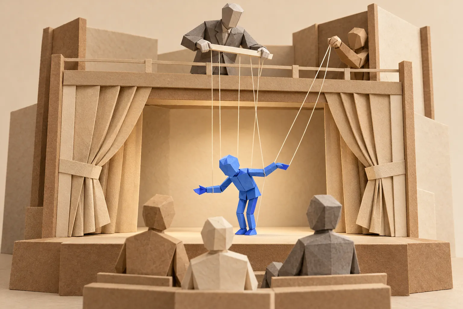 Illustration: paper illustration of a puppet theatre where two people hold the strings of a small blue marionette.