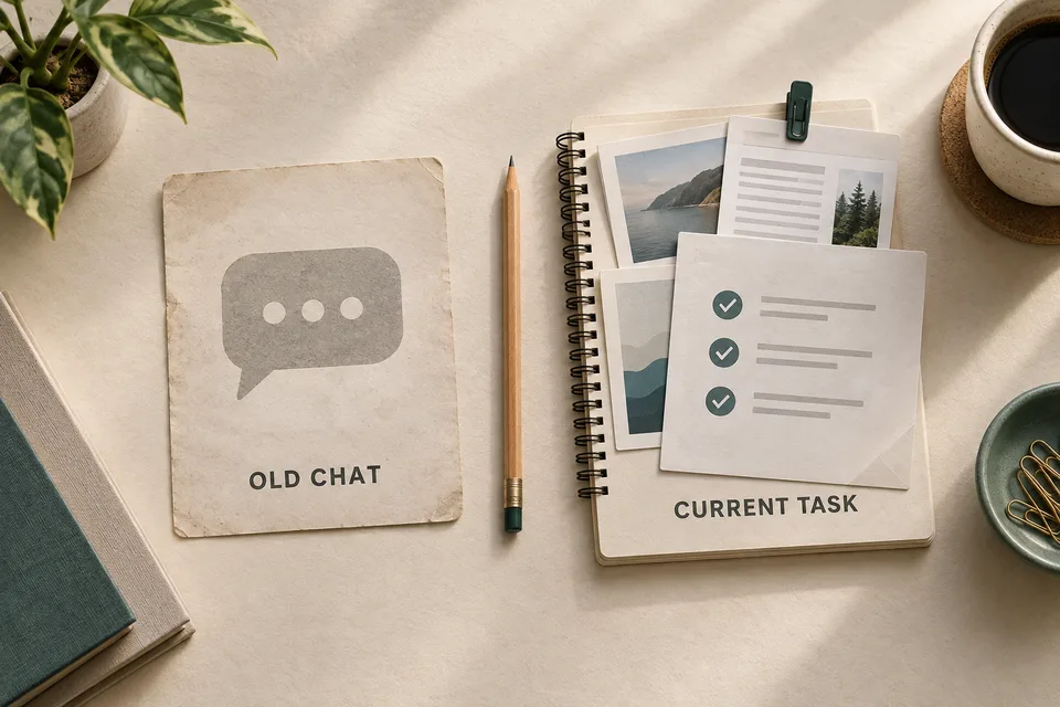 Illustration: conceptual illustration comparing an old chat card with a current work task, source documents and a reviewed result