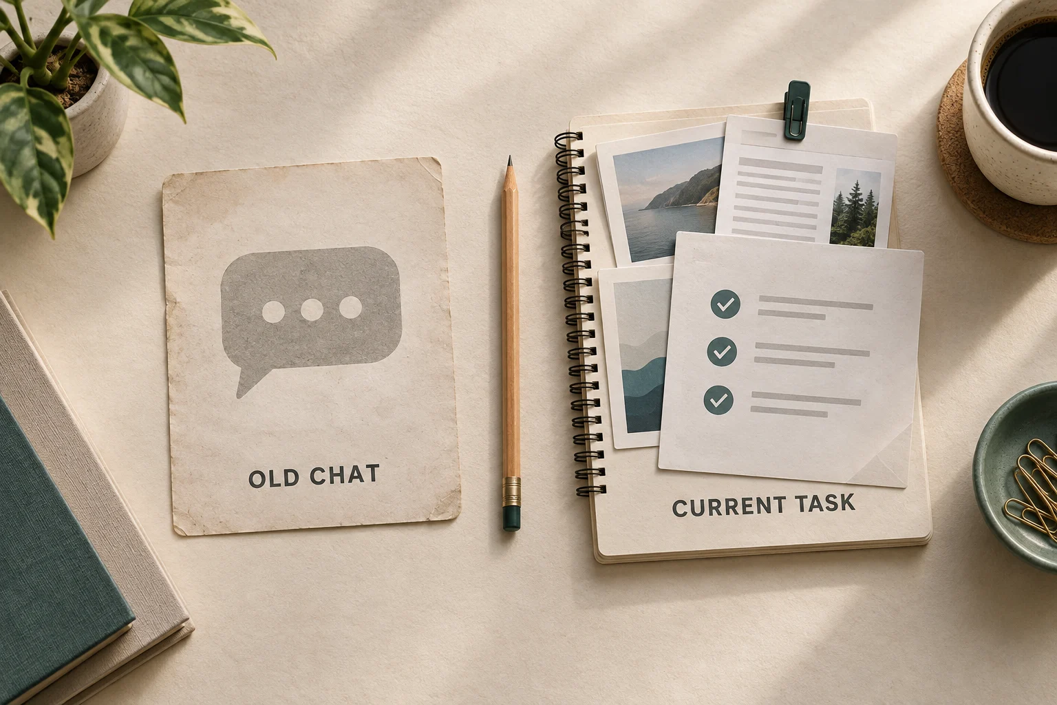 Illustration: conceptual illustration comparing an old chat card with a current work task, source documents and a reviewed result