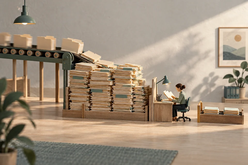 Illustration: conceptual miniature illustration of folders piling up between a fast conveyor and a single review workstation