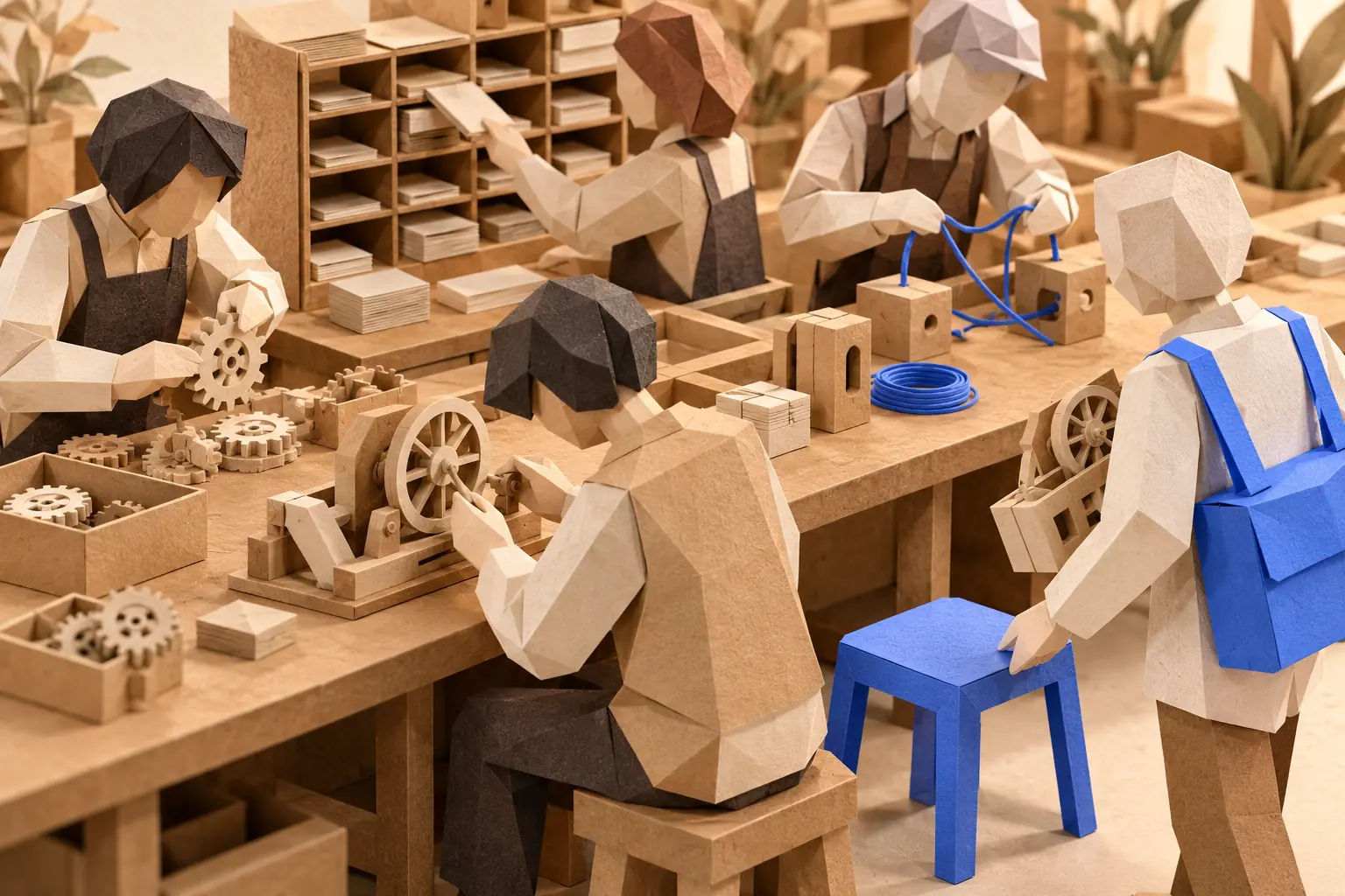 Illustration: paper figures examine work at a shared workbench.