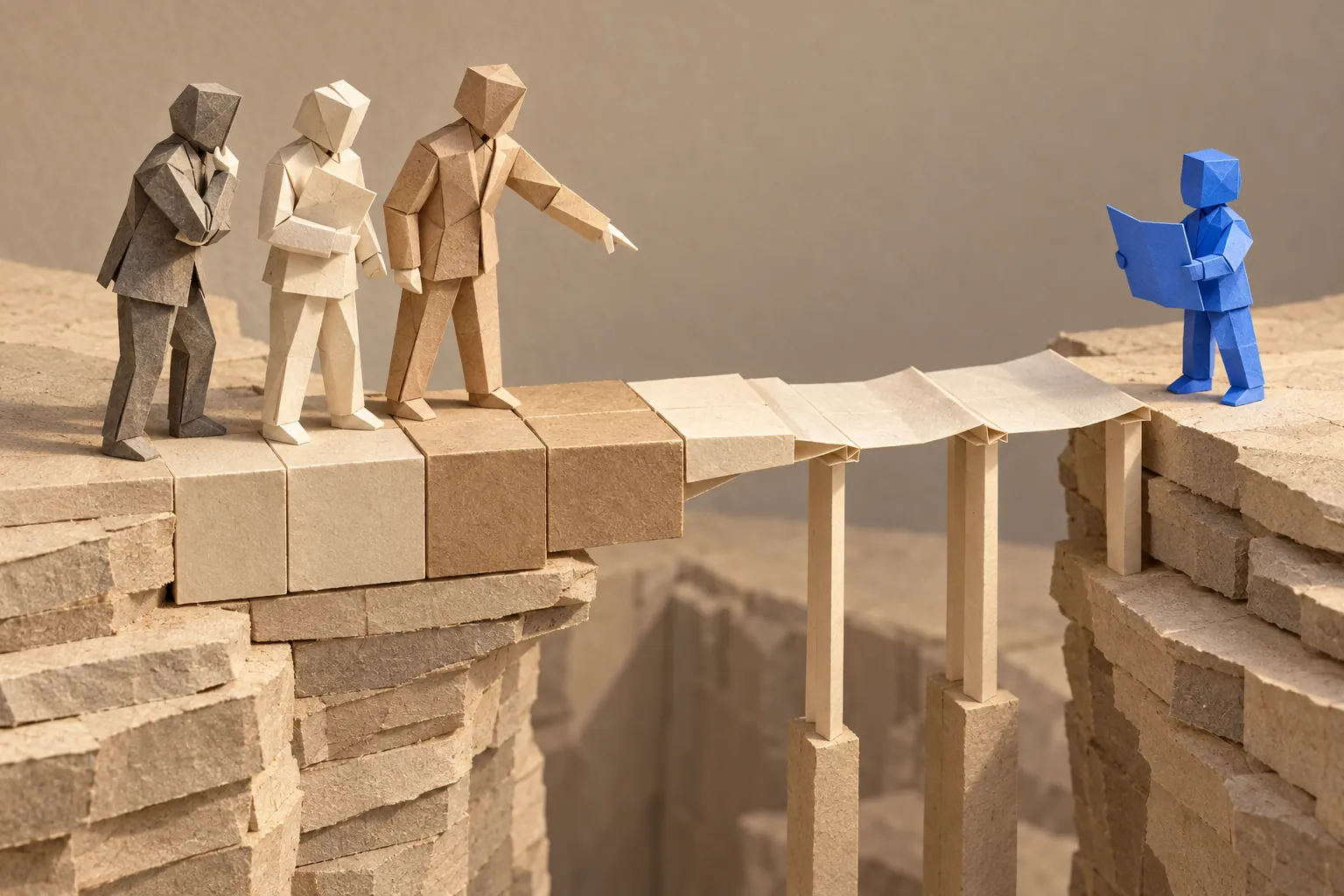 Illustration: paper figures stand where a bridge of solid blocks gives way to folded sheets on thin props.