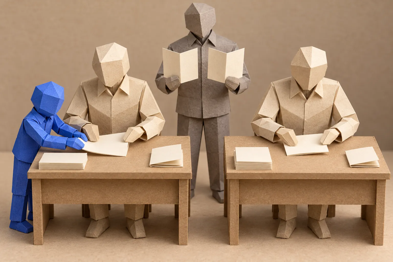 Illustration: two paper figures fold the same sheets, one with a small blue helper, while a third compares their work.
