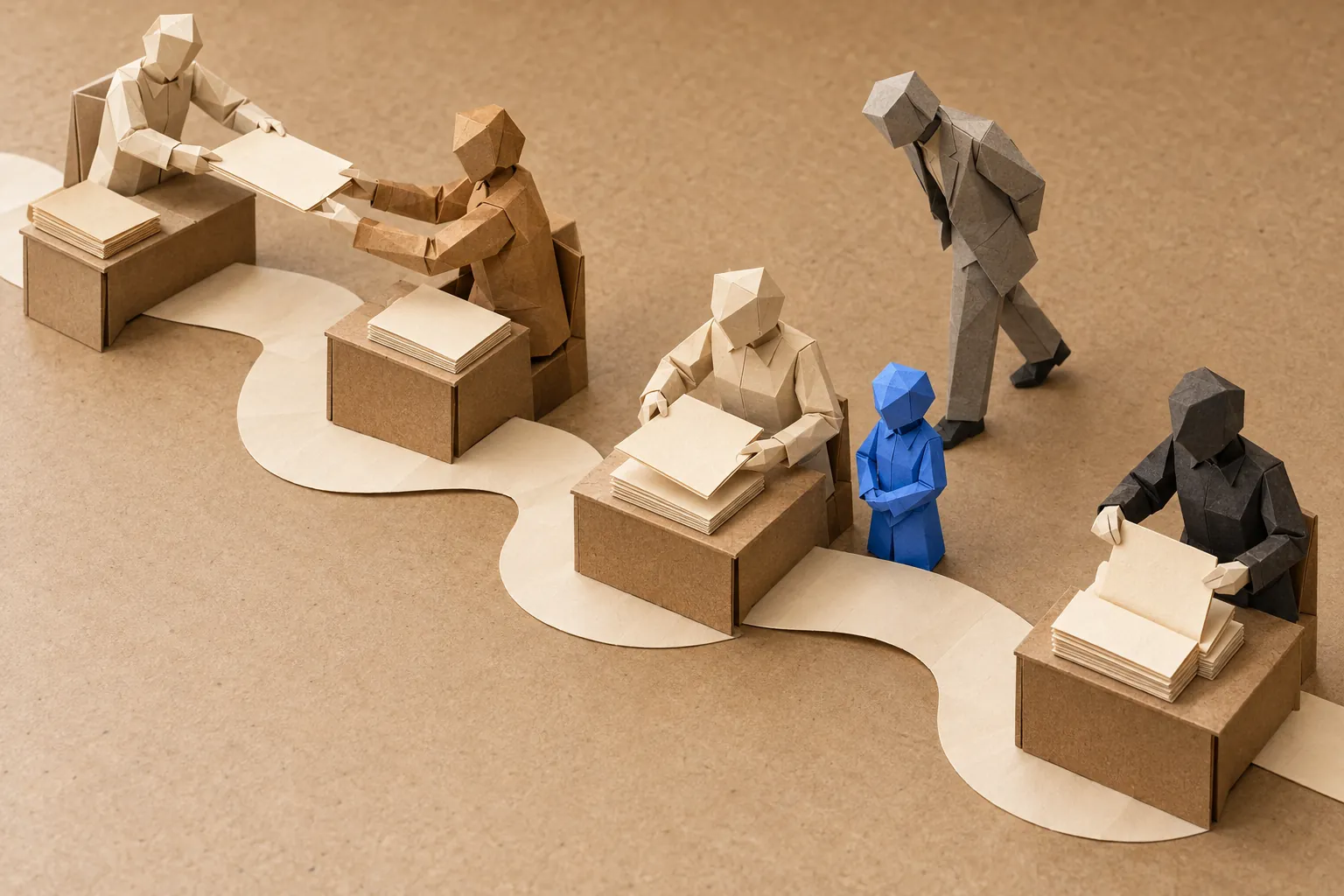Illustration: a paper figure follows the work from desk to desk while a small blue figure waits beside one.