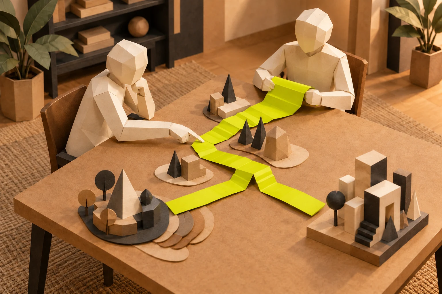 Illustration: two paper figures examine a branching chartreuse paper path and geometric models across a kraft table.