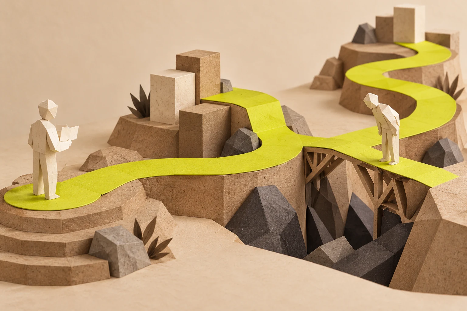 Illustration: two paper figures stand at different points on a chartreuse path, one holding a card and the other examining a bridge.
