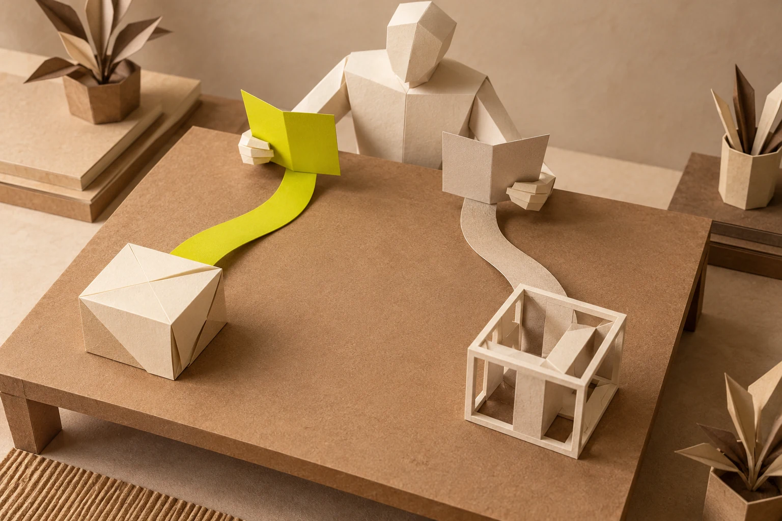 Illustration: a paper figure holds separate cards, each joined by a paper strip to a different folded construction.
