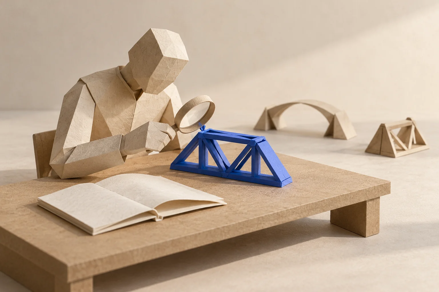 Illustration: a paper researcher examines a blue bridge prototype with a magnifier beside an open blank booklet.