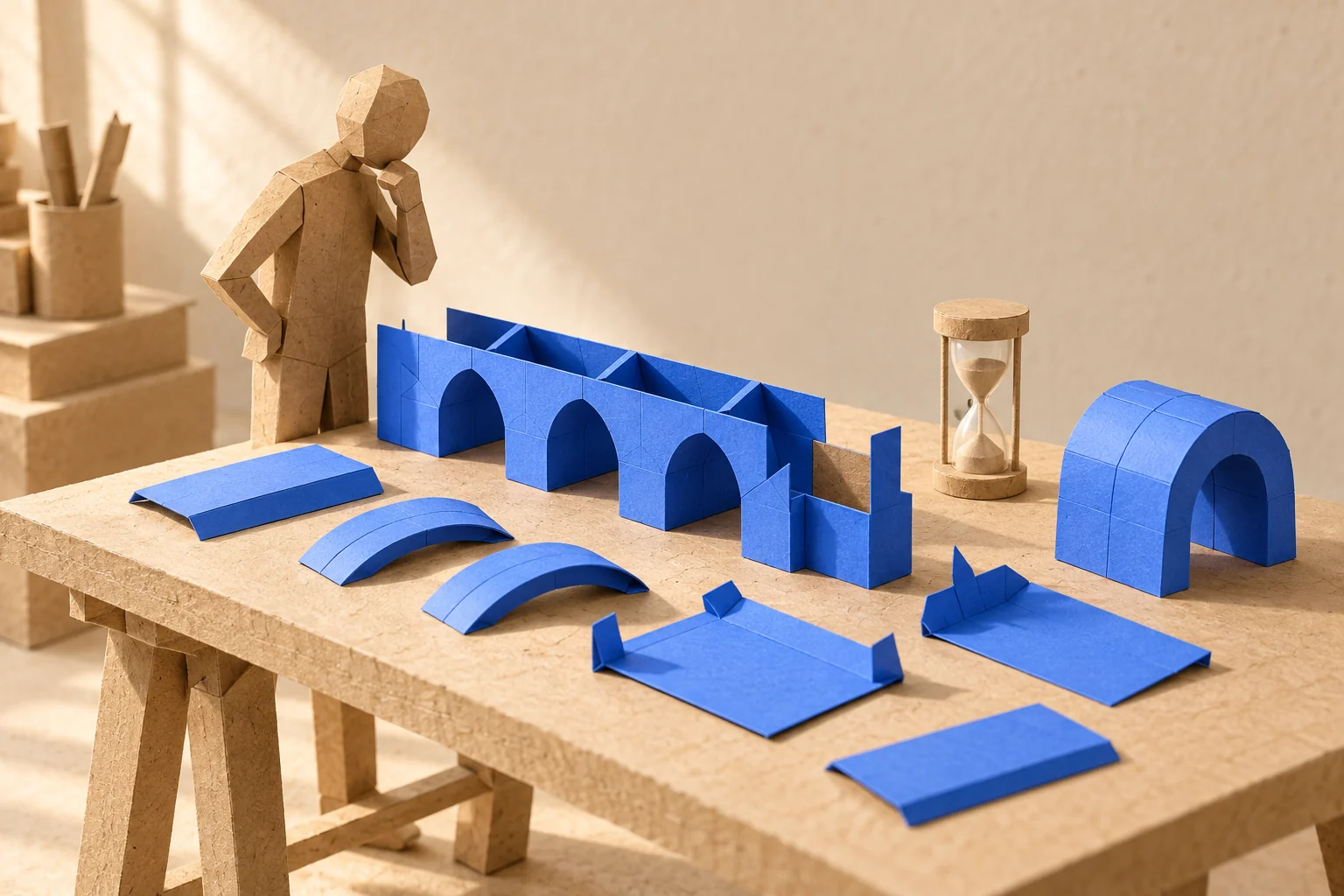 Illustration: a paper figure examines a partly assembled long blue construction beside a short arch and an hourglass.