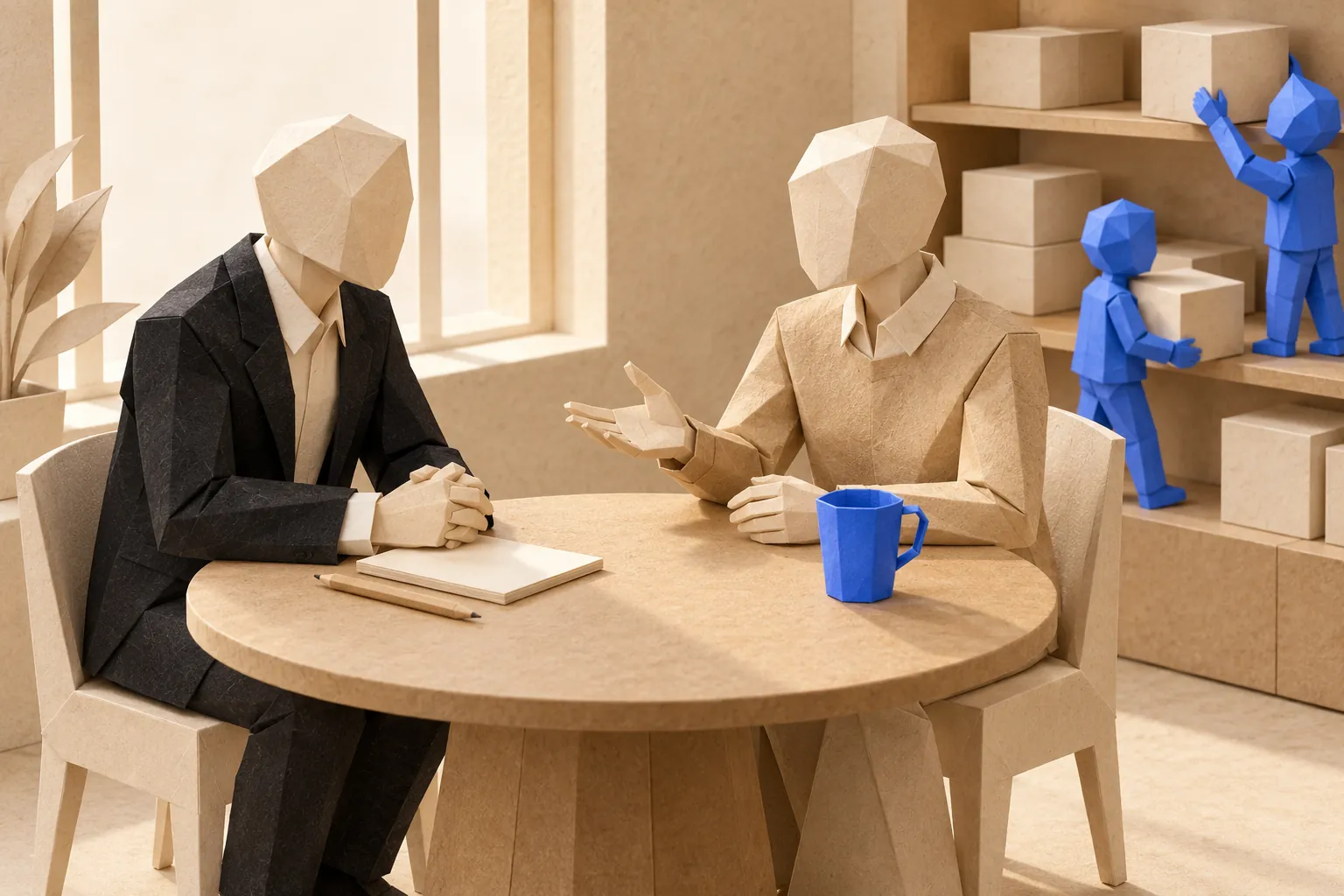 Illustration: a paper figure listens as a customer explains at a table.