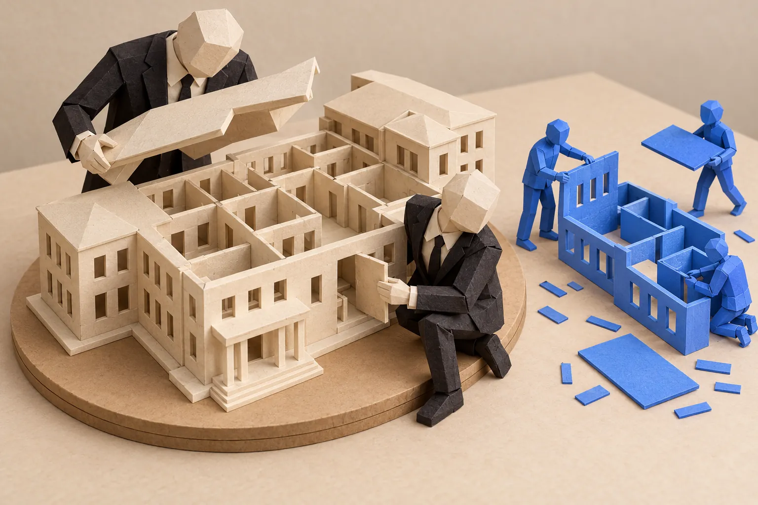 Illustration: paper figures inspect a model building while smaller figures construct a similar wing nearby.