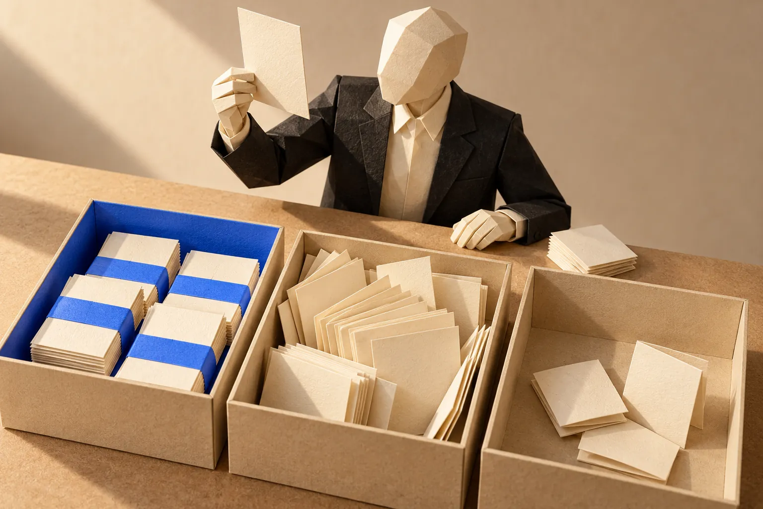 Illustration: a paper figure sorts bundled, loose and unopened cards into three boxes.
