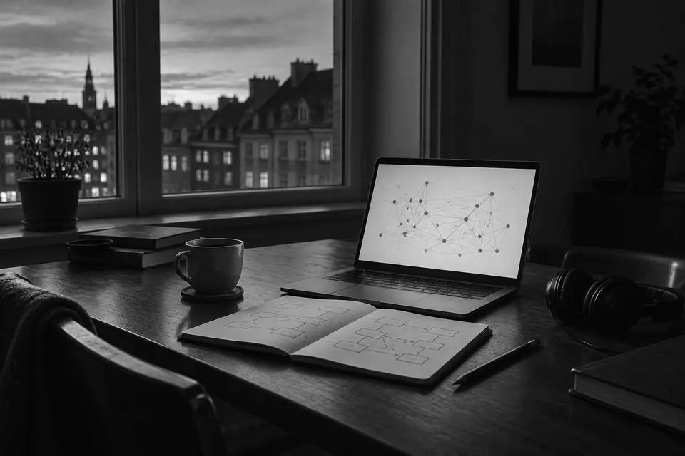 Illustration: a laptop showing an abstract diagram of connected points beside an open notebook of hand-drawn boxes and arrows