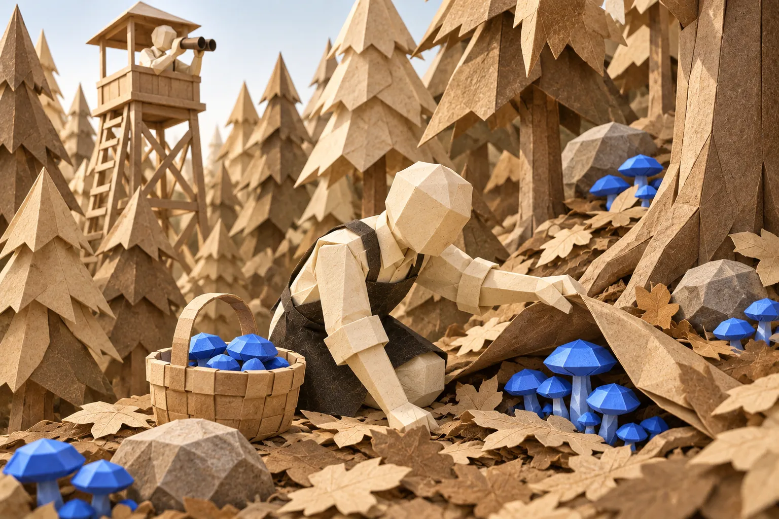 Illustration: in a paper forest, a figure on a tall watchtower looks out through binoculars, while below a faceless paper figure kneels and lifts a fold of paper leaves off a cluster of cornflower blue mushrooms, a basket of them at its side