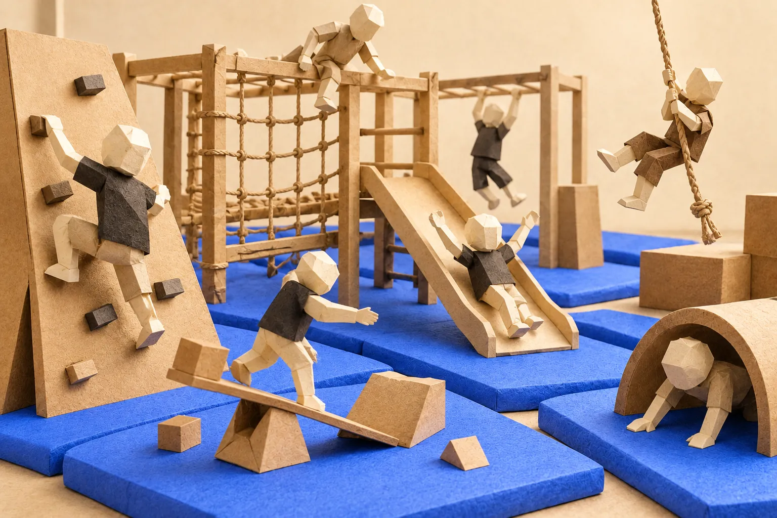 Illustration: a paper playground where faceless paper figures climb a wall, hang from bars, swing on a rope, ride a slide and crawl through a tunnel, with thick cornflower blue paper mats laid under every frame