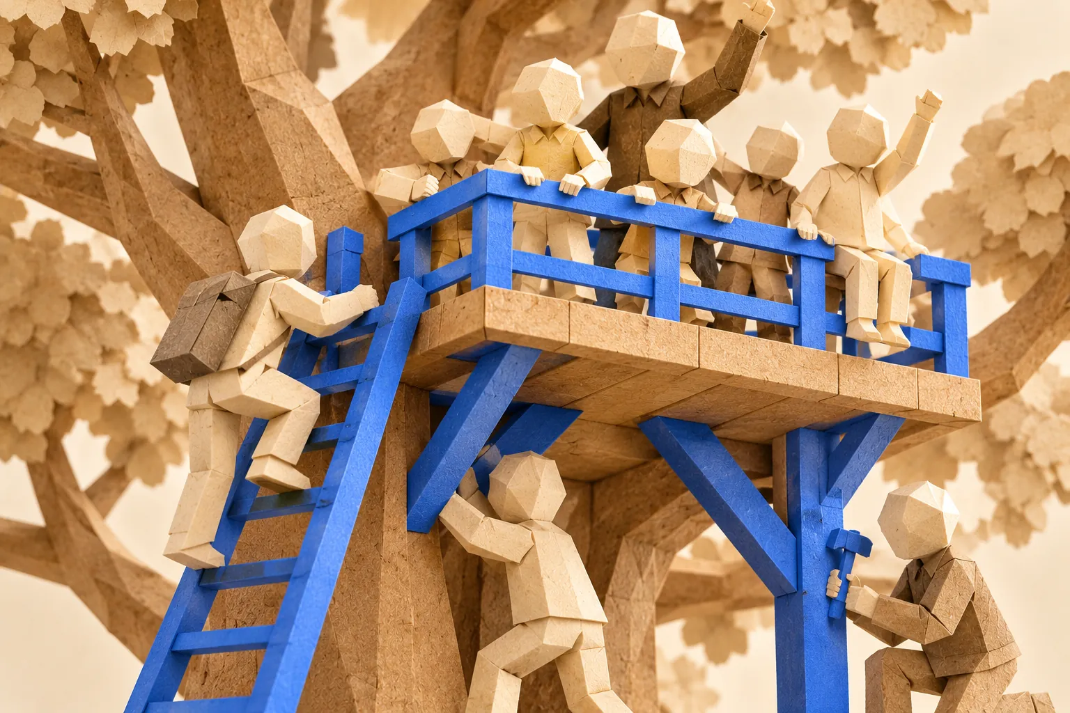 Illustration: faceless paper figures crowd a kraft paper treehouse behind a cornflower blue railing; a figure with a backpack climbs a blue ladder, and two below fit blue braces under the floor, one of them holding a hammer
