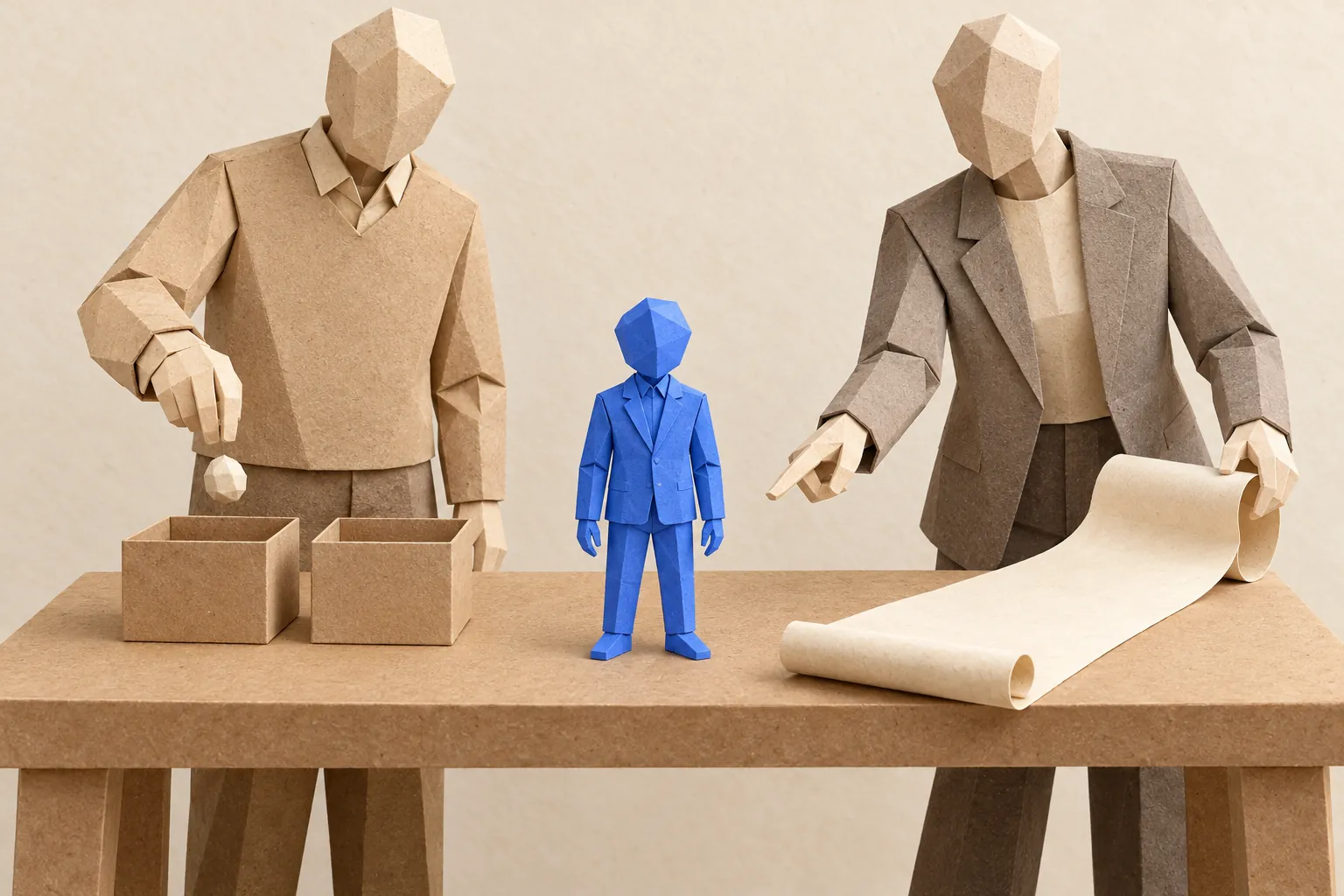 Illustration: one paper figure drops a pebble into a box; another unrolls a long blank scroll beside a small blue figure.