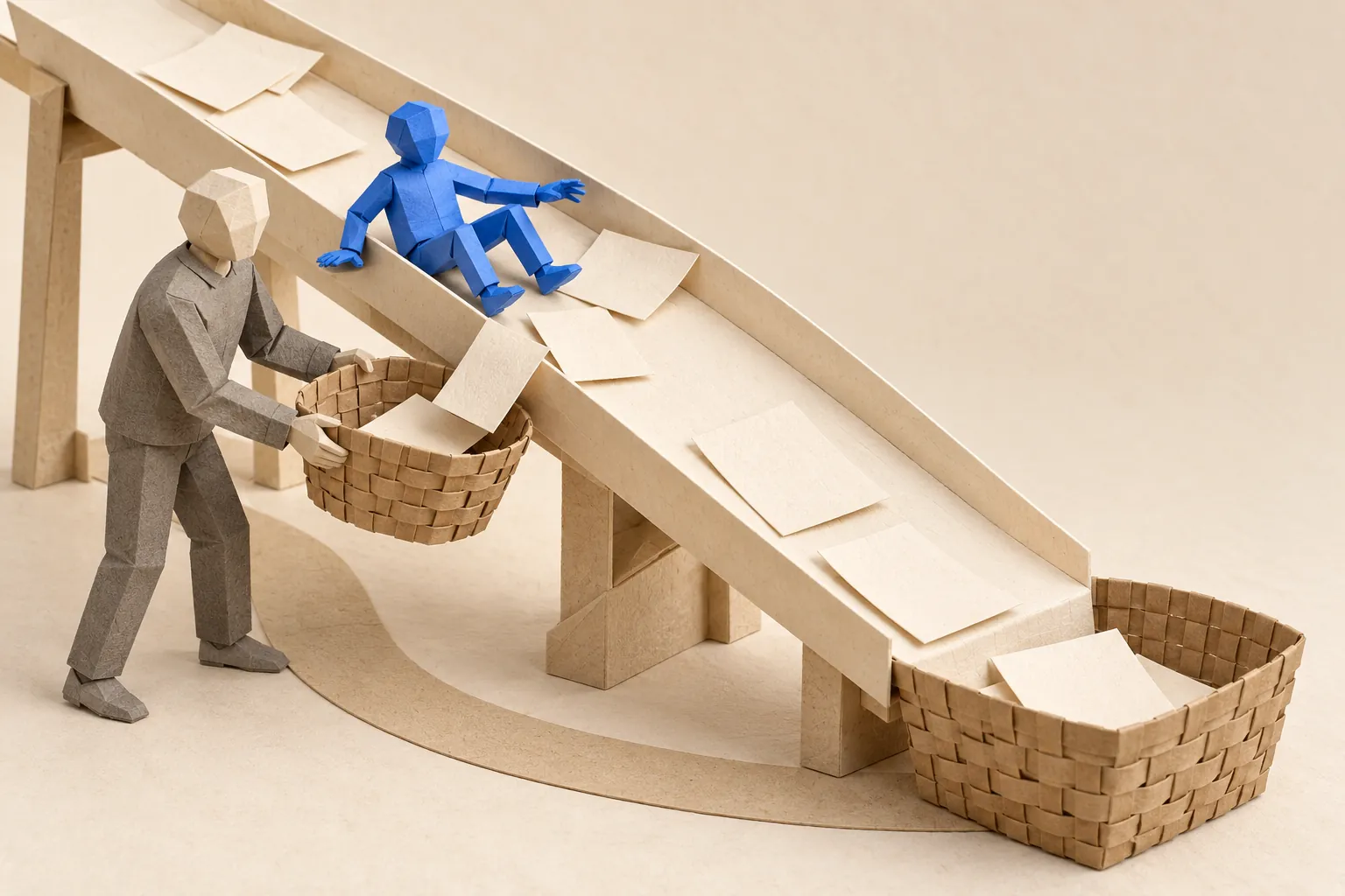 Illustration: a blue paper figure has slipped on a chute; a figure beside it catches the falling sheets in a basket.