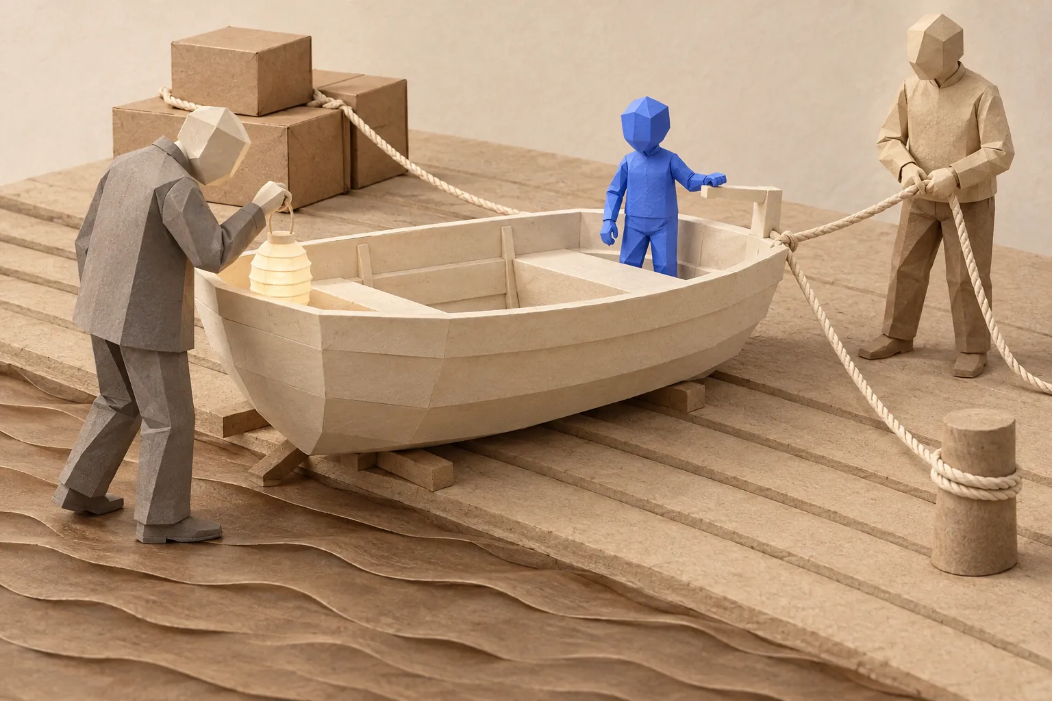 Illustration: a paper figure with a lantern inspects a small boat on a slipway; a blue figure stands at the helm.