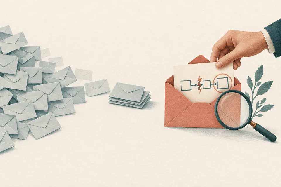Illustration: conceptual illustration of a hand selecting a useful message after investigating a concrete business problem