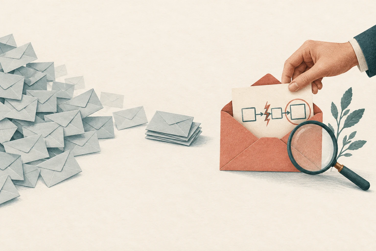 Illustration: conceptual illustration of a hand selecting a useful message after investigating a concrete business problem