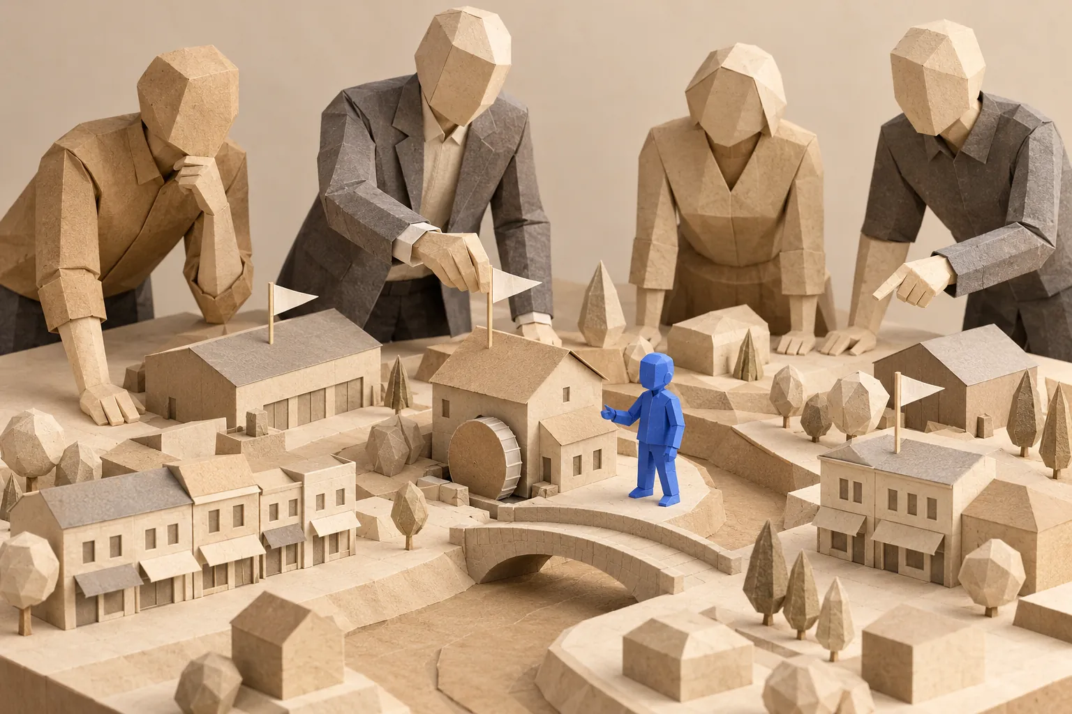 Illustration: paper illustration of people leaning over a model town, one setting a small flag on a mill beside a blue figure.