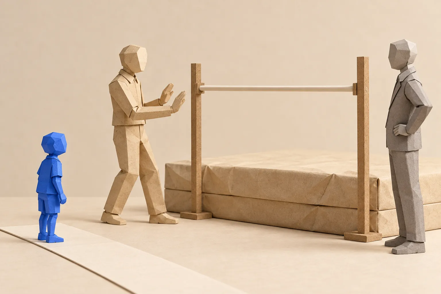Illustration: paper illustration of a high jump bar set in place while a small blue figure waits at the start of the run-up.