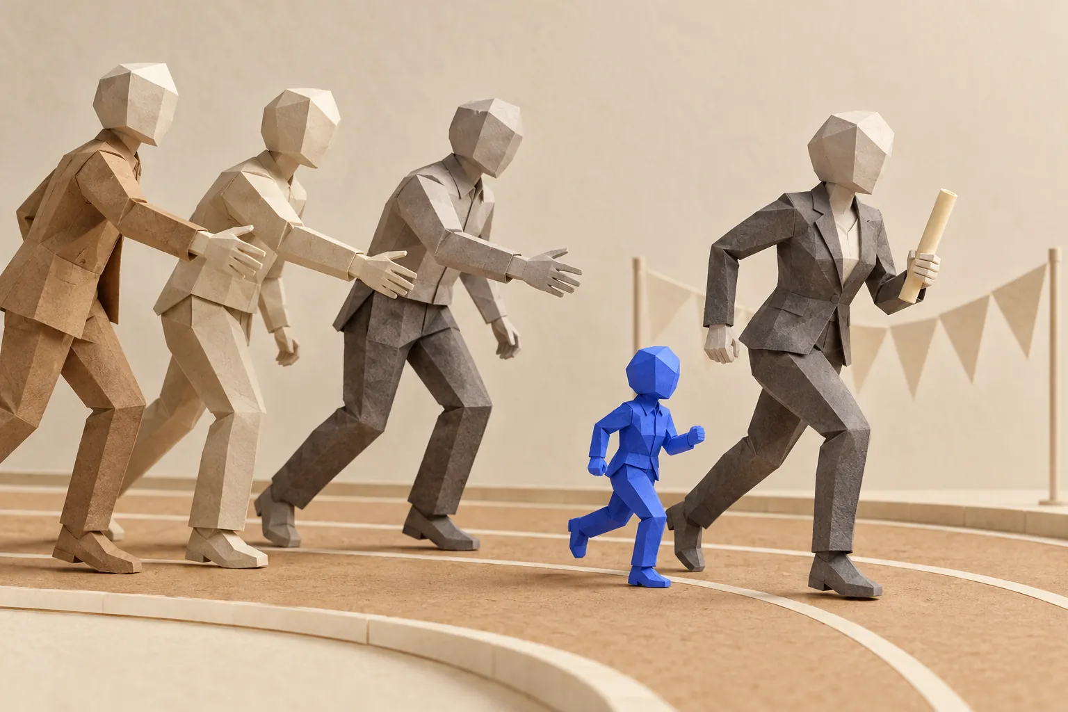 Illustration: paper illustration of a relay where one runner carries the baton and a small blue figure runs beside her.