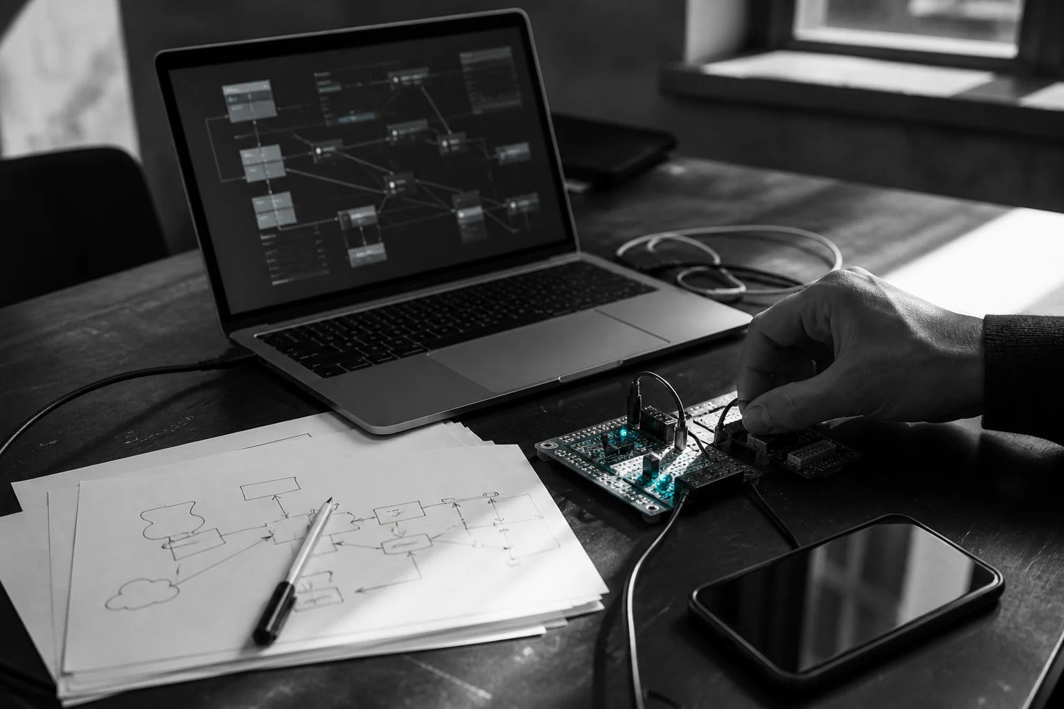 A working AI prototype being examined beside a laptop