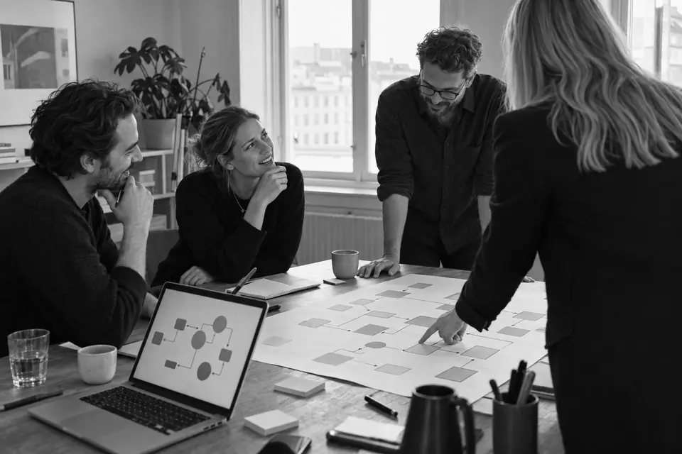 Illustration: a leadership team laughing and pointing at a process map spread across the table
