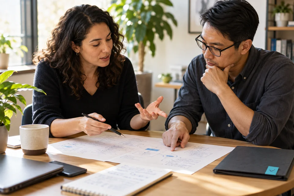 Illustration: conceptual illustration of two fictional colleagues discussing an annotated project plan