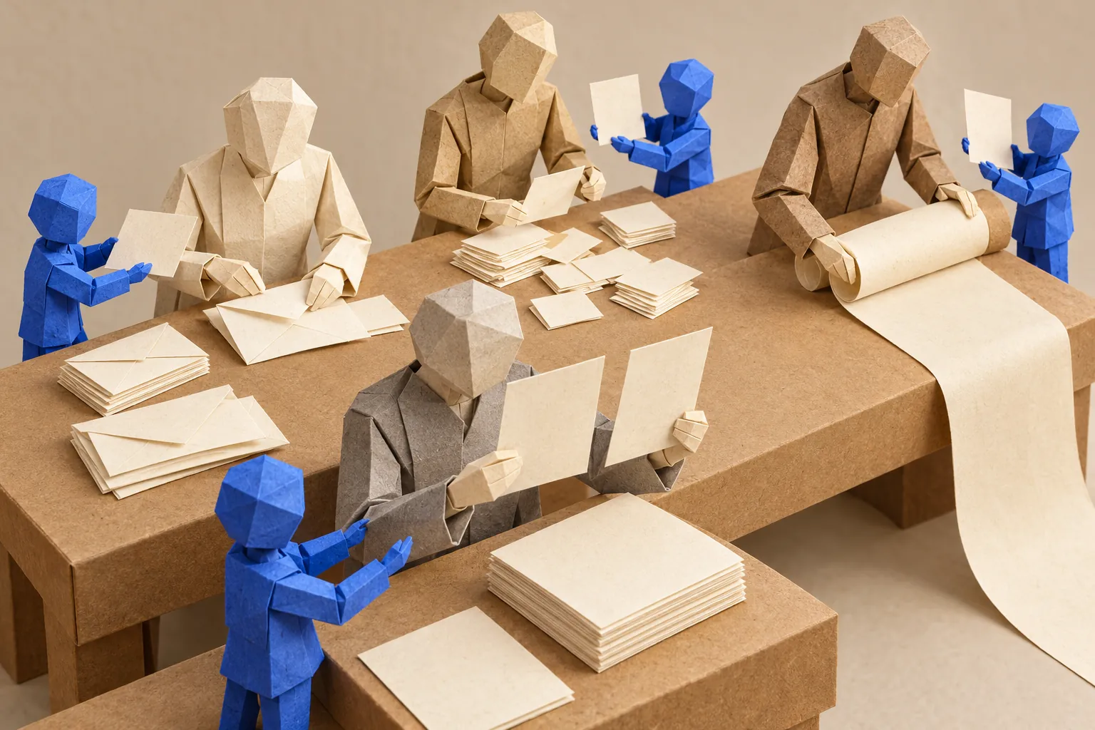 Illustration: paper figures work with blue helpers while one compares two documents.