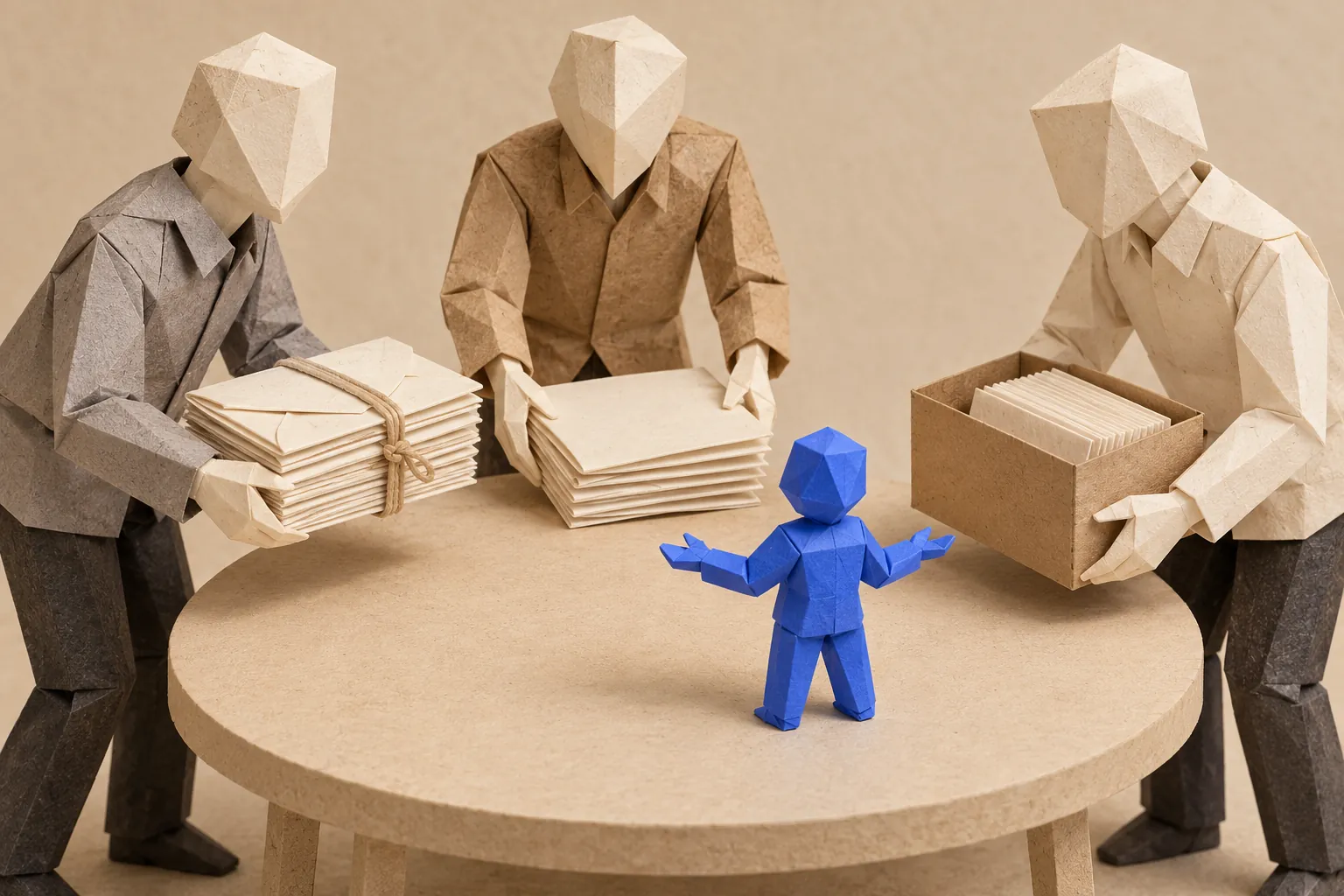 Illustration: paper figures bring their own work to a shared training table.