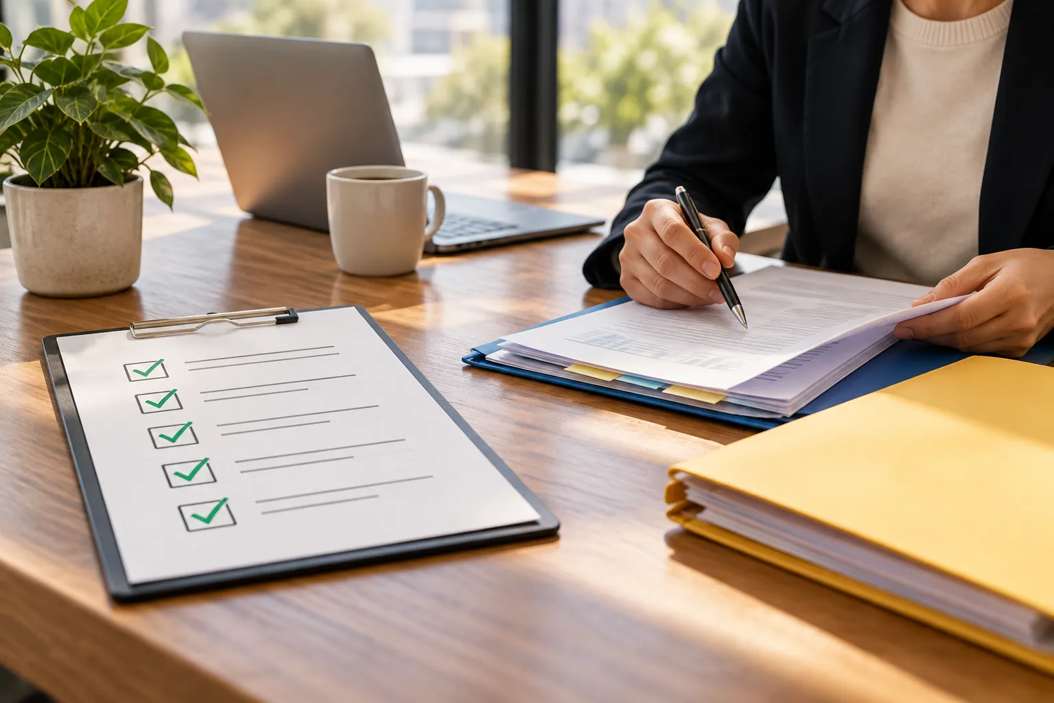 Illustration: a person reviews documents beside a checked list