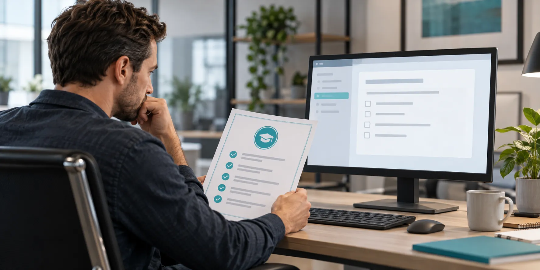 Illustration: a manager holds a training record beside a work list