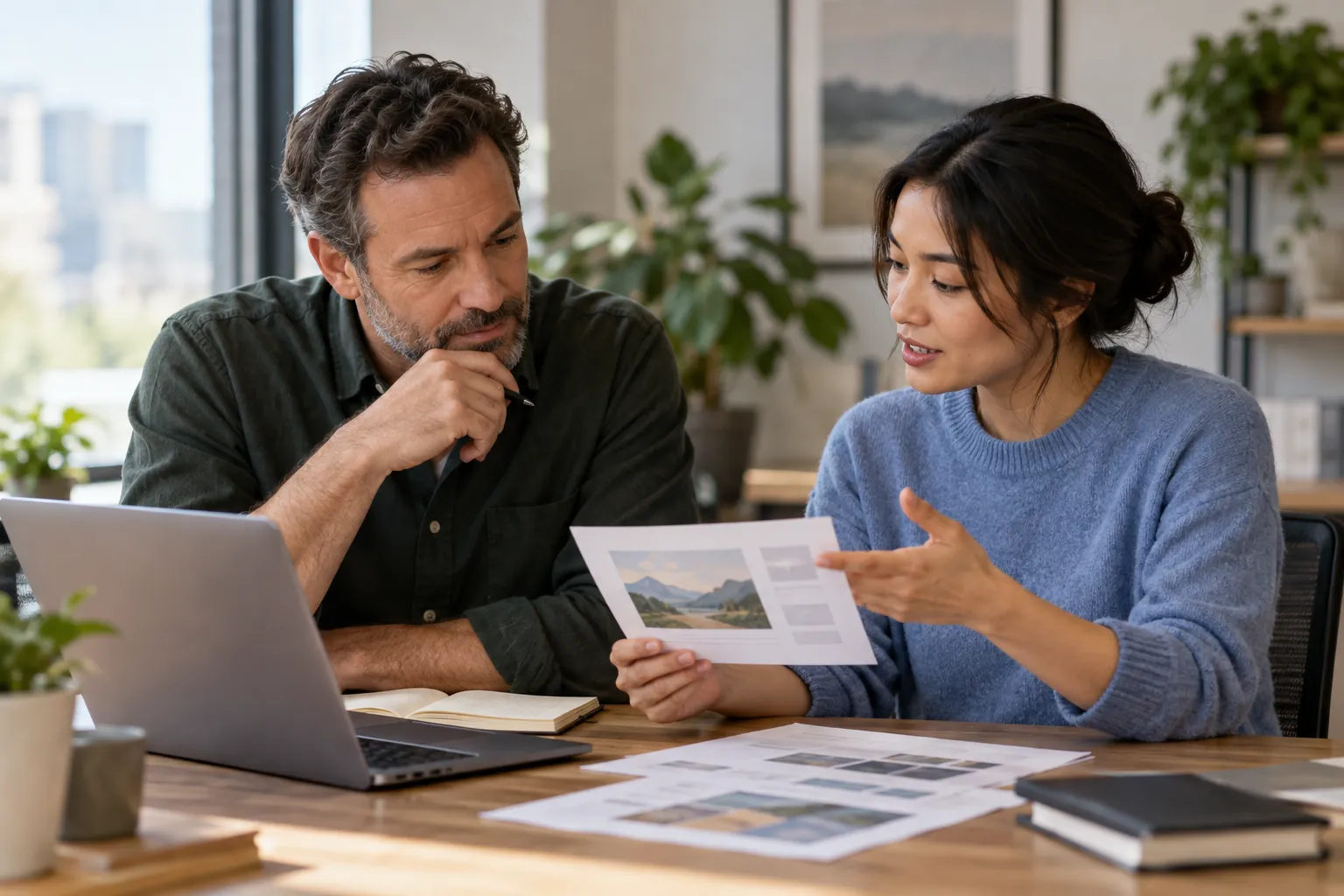 Illustration: two colleagues review a briefing at a desk