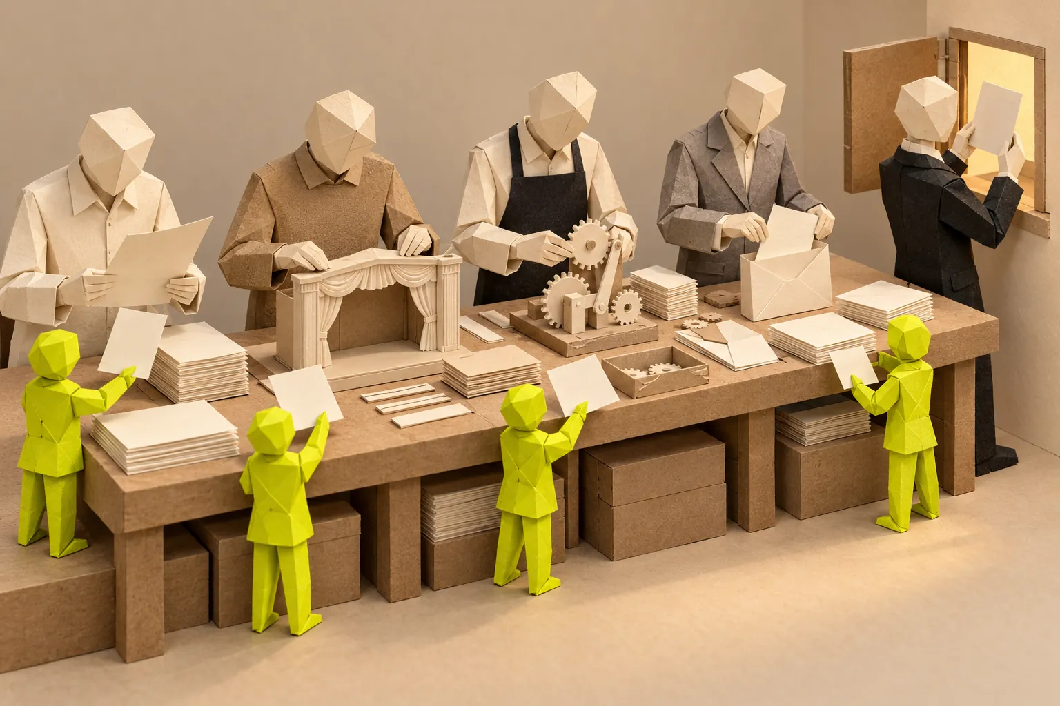 Illustration: paper figures work along one bench, each with a small chartreuse helper handing up a draft, and a figure at the end reads a sheet by a hatch.