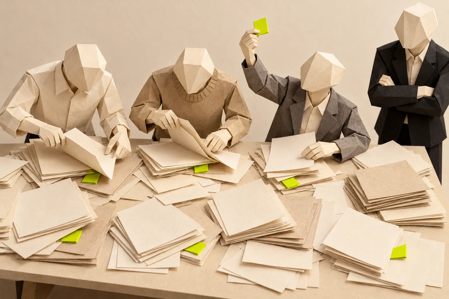 Illustration: figures search piles of sheets for small chartreuse pieces, and one holds up the piece it found while another watches.