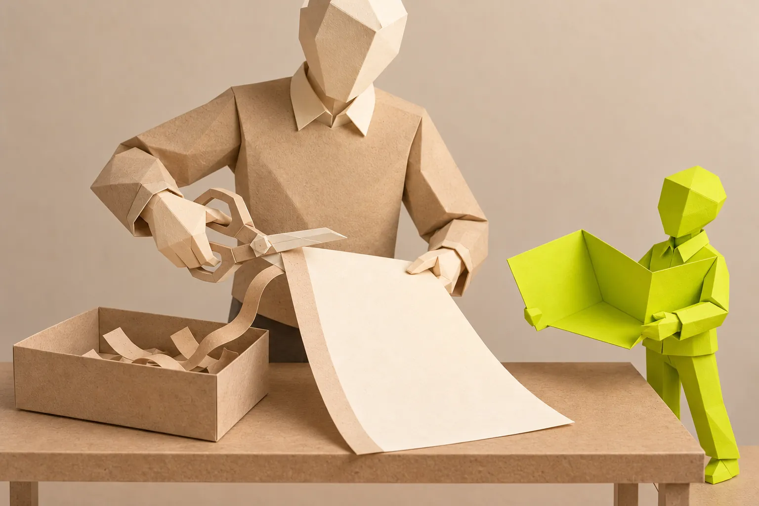 Illustration: a figure trims a strip off a sheet into a box before handing it to a small chartreuse figure holding an open folder.
