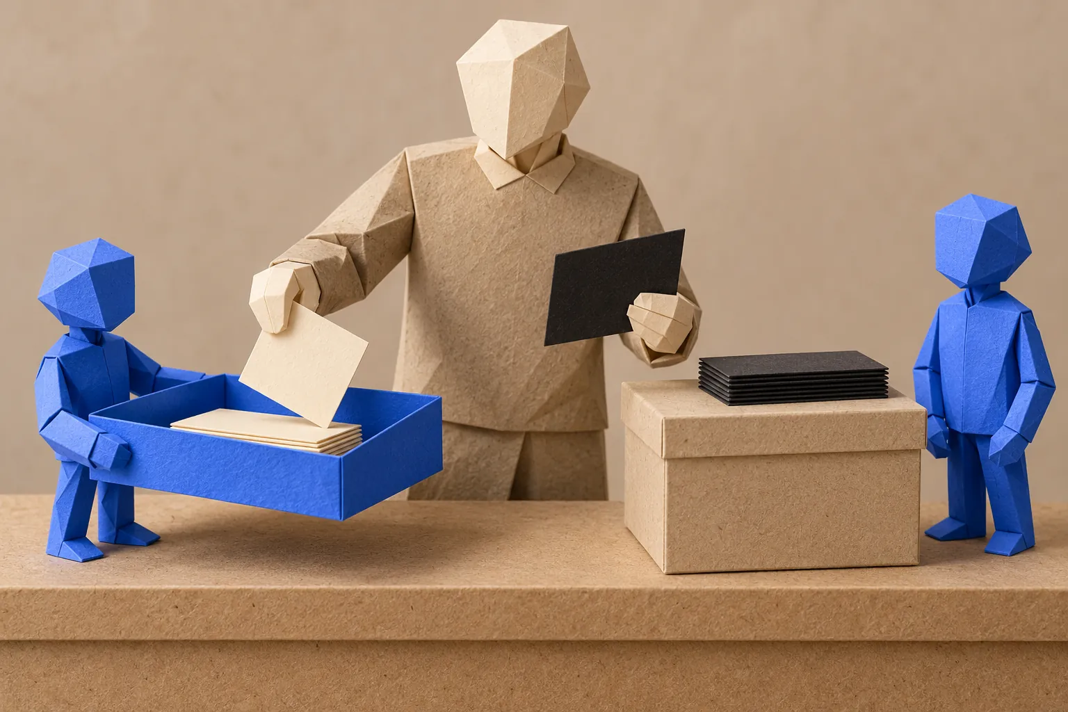 Illustration: a figure drops a cream card into a blue tray held by a small blue figure, while black cards wait on a closed box.
