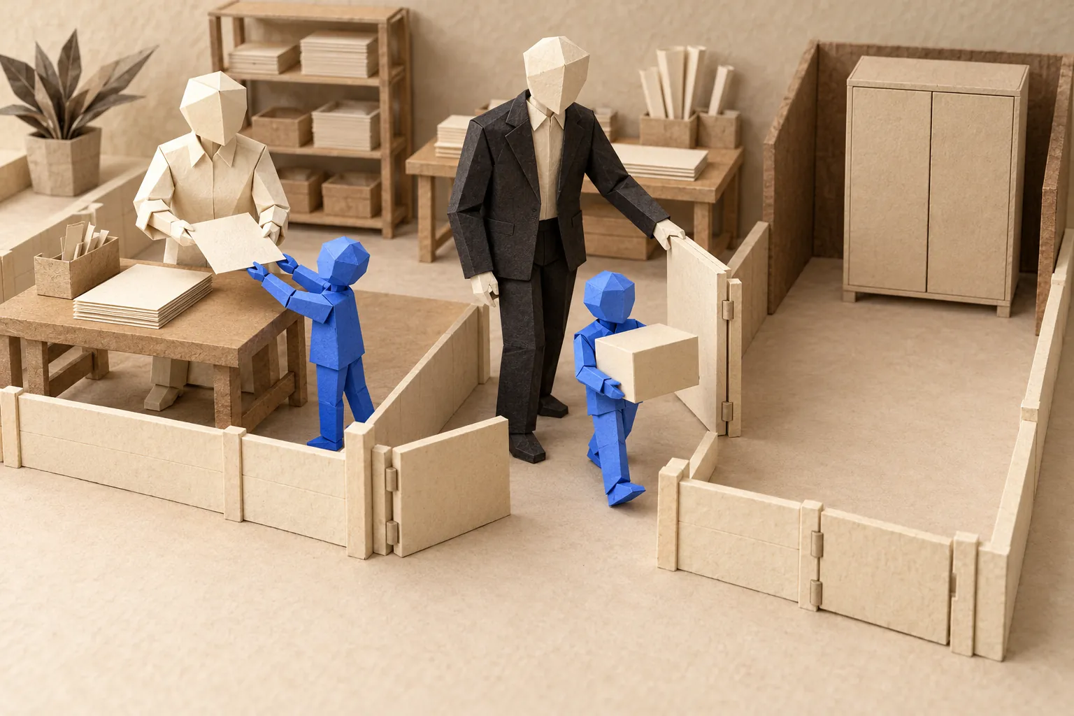 Illustration: low paper fences divide a workshop floor, and a figure holds a gate open while a small blue figure carries a box through.