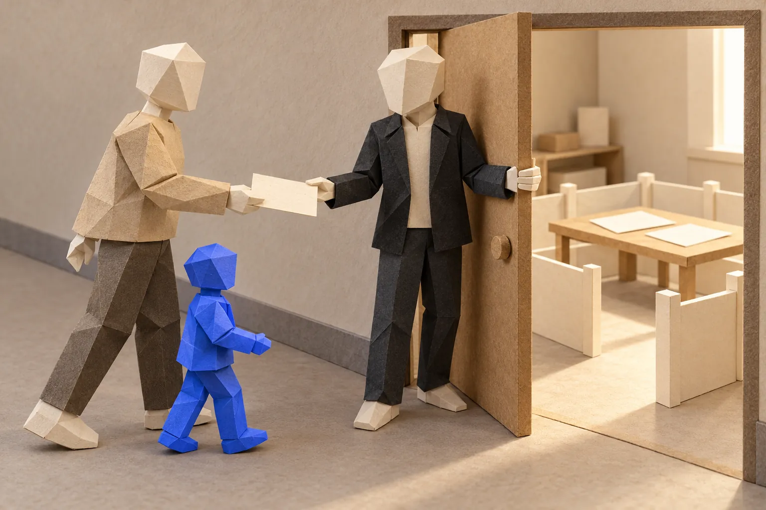 Illustration: a figure hands a card to a person holding a door open to a small room with a fenced table.