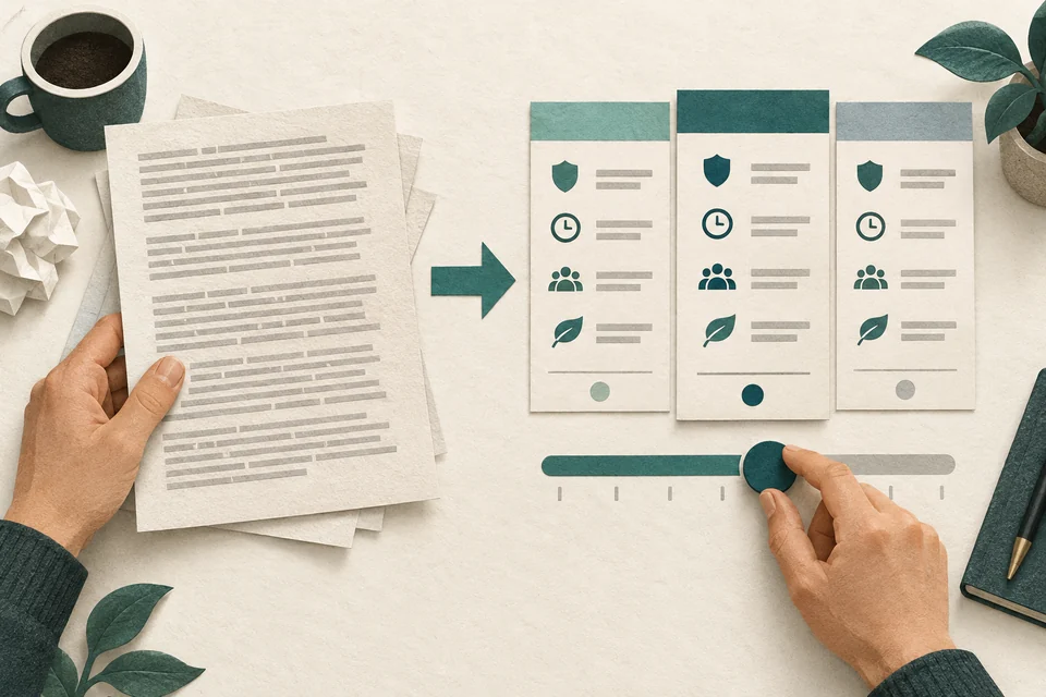 Illustration: conceptual paper illustration of a customer moving from paragraphs to aligned comparison cards with an adjustable slider