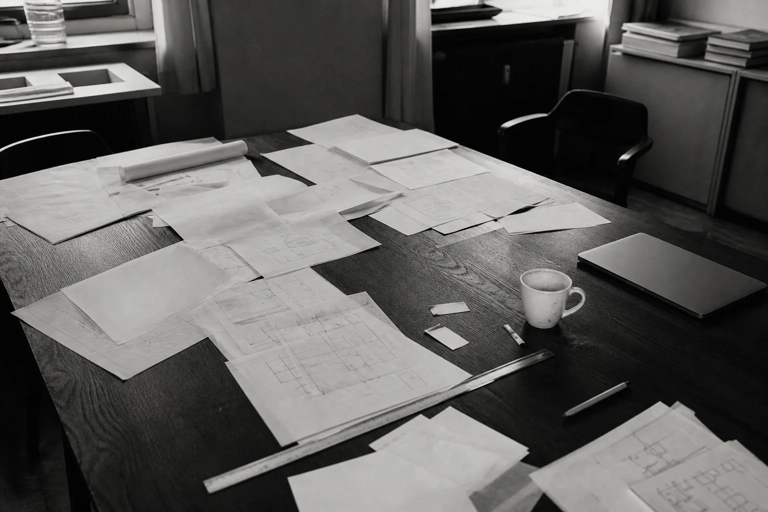 Working material arranged across a table during research and preparation