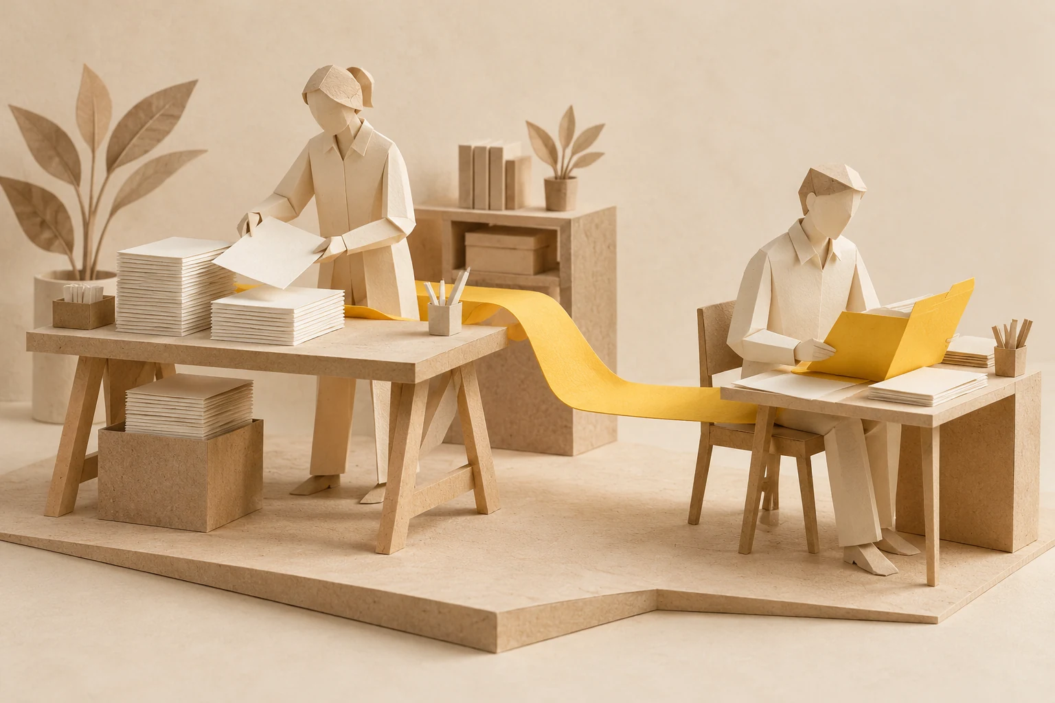 Illustration: two paper figures work at separate desks connected by a yellow paper strip.