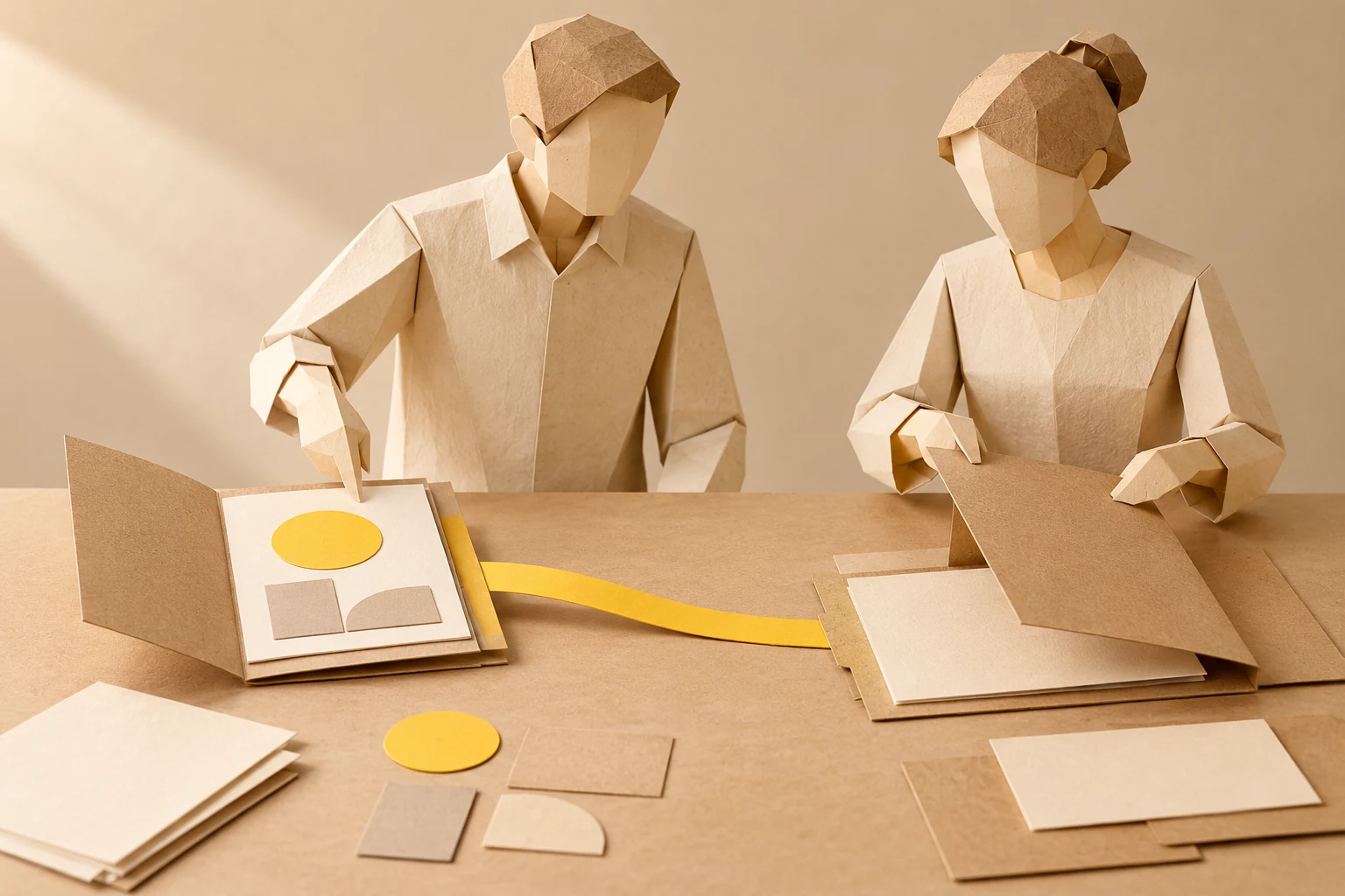 Illustration: a paper figure explains a sample folder to a colleague preparing another folder.